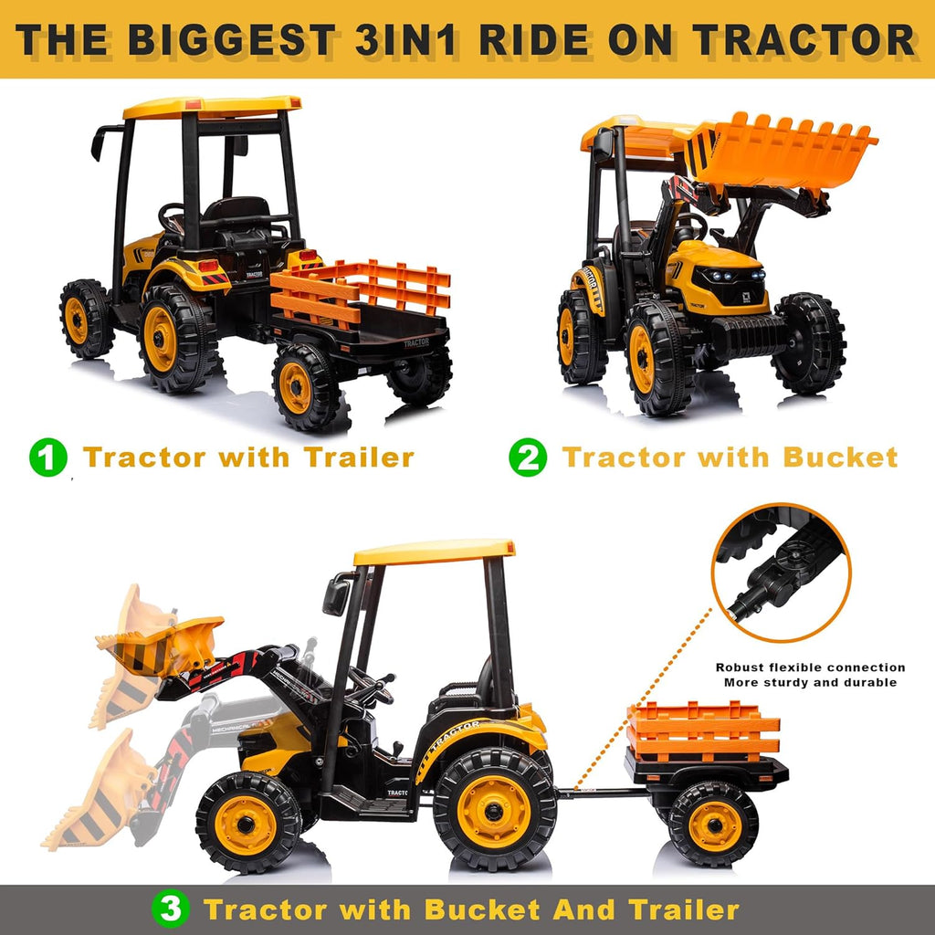 24V Kids Ride On Tractor, 3IN1 Riding Tractor w/Trailer&Front Loader, Power Wheels 24V Ride on Toys for Boys Girls
