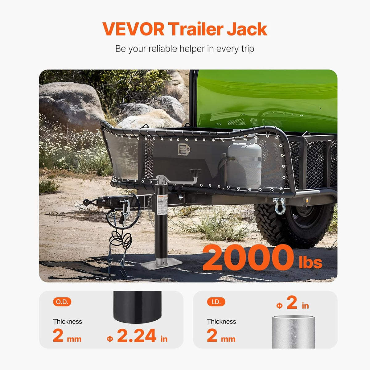 Trailer Jack, 2000 lbs Dynamic Load Capacity, Weld-on Pipe-Mount Swivel, 10" Lift Stand with Handle for RV, Horse