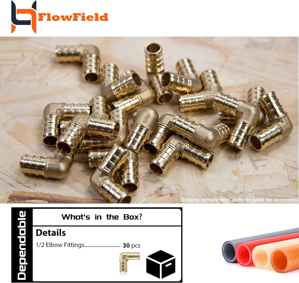 FlowField 1/2 Pex-B Brass Fittings Drop Ear Elbow, Tee, Coupling, Set, for PEX Piple Plumbing (1/2 Elbow, 30)