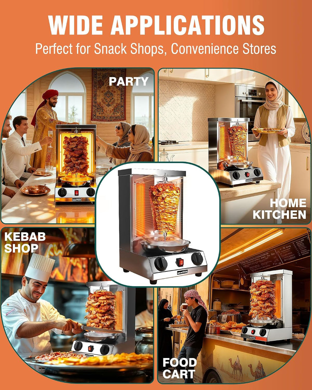 Shawarma Grill Machine - Gas Vertical Rotisserie with 2 Burners and Drip Pan for Home Use, Stainless Steel Rotating
