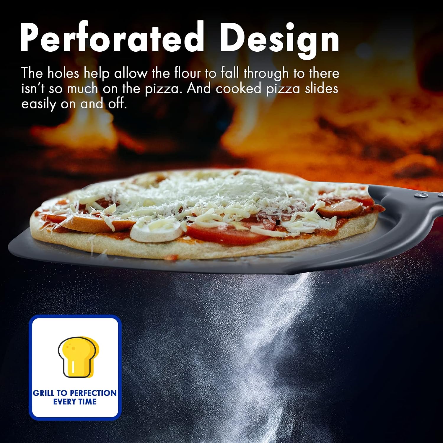 Professional Aluminum Pizza Paddle, 12 Inch Perforated, Restaurant Grade, Long Handle Non-Stick Metal Pizza Peel for