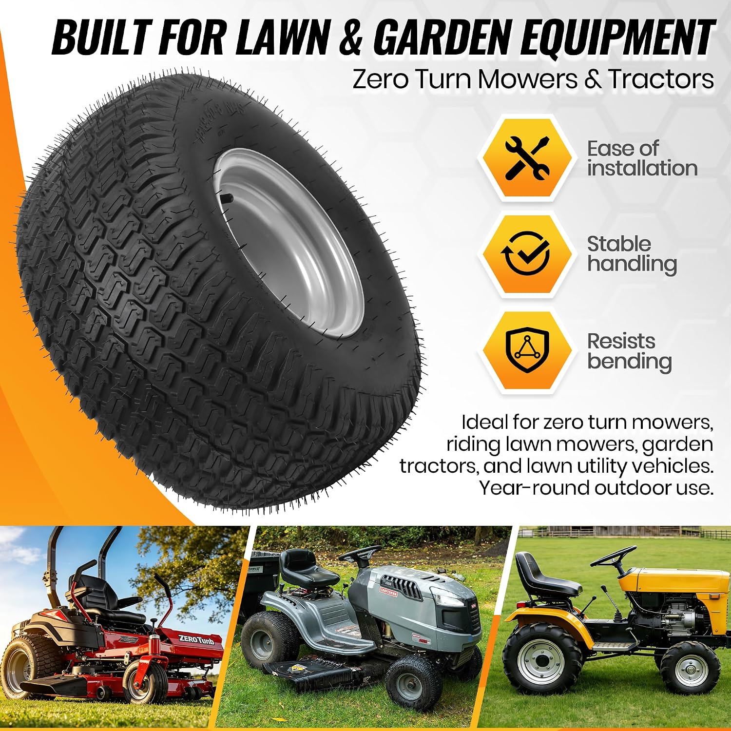 2-Pack 18x9.5-8 Lawn Mower Tire and Wheel Assembly, 4-Ply Tubeless Turf Tires on Silver Rim, 4 Lug 4" Bolt Pattern