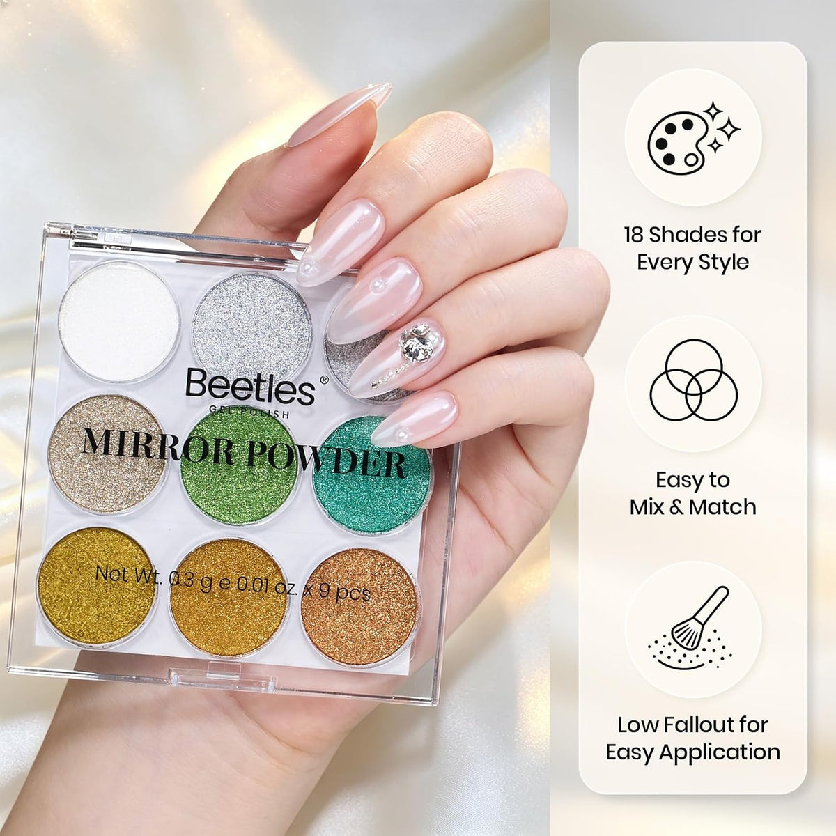 Beetles 18 Colors Chrome Nail Powder Palette Solid Chrome Powder for Nails