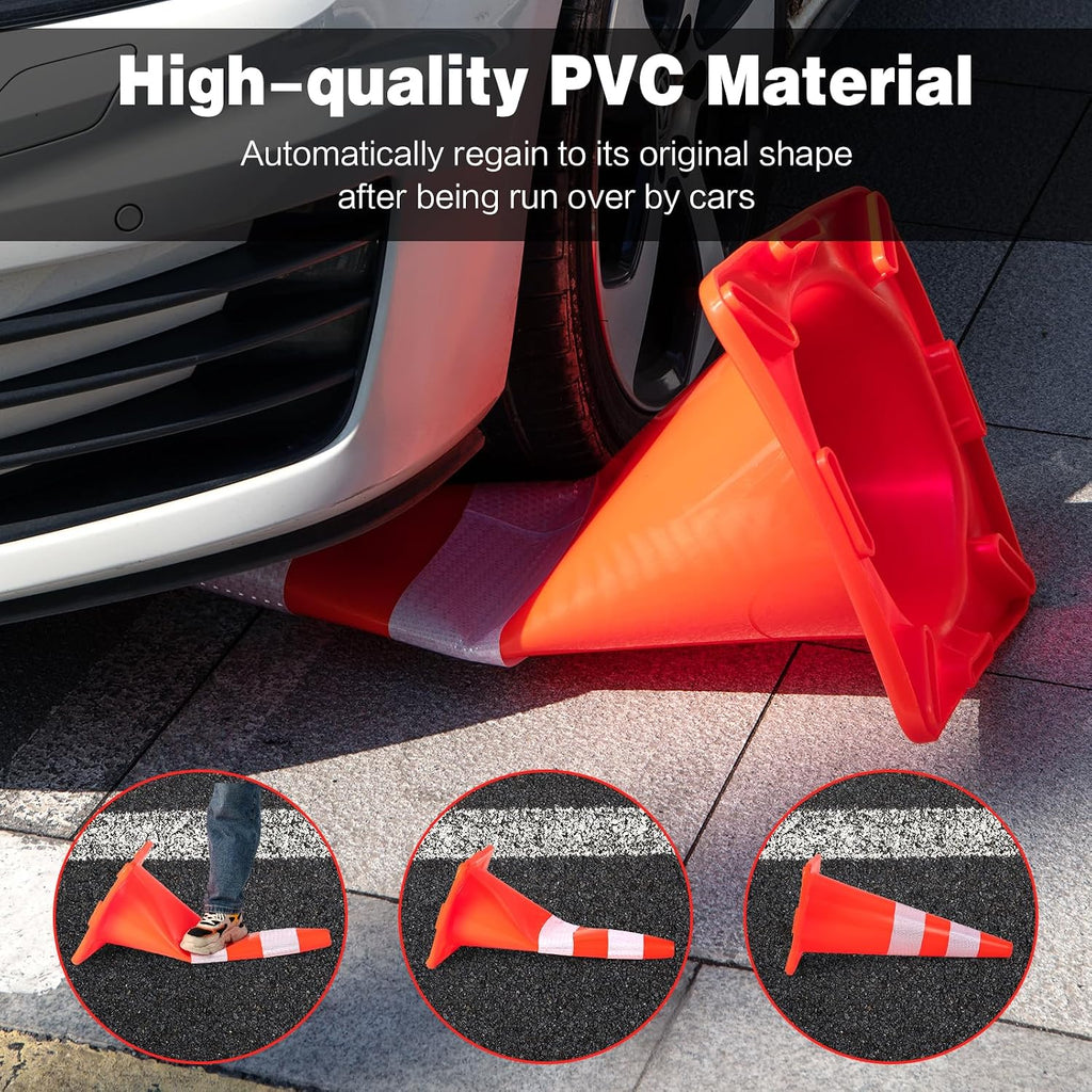 6 Pack PVC Traffic Cones, 28 Inch Traffic Road Parking Cones w/Reflective Collar & Weighted Base, Orange Robust