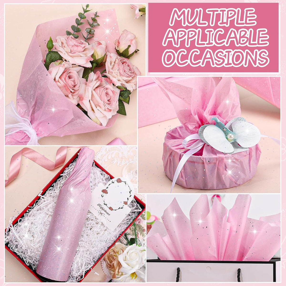 135 Sheets Glitter Pink Tissue Paper 20 x 14 Inch