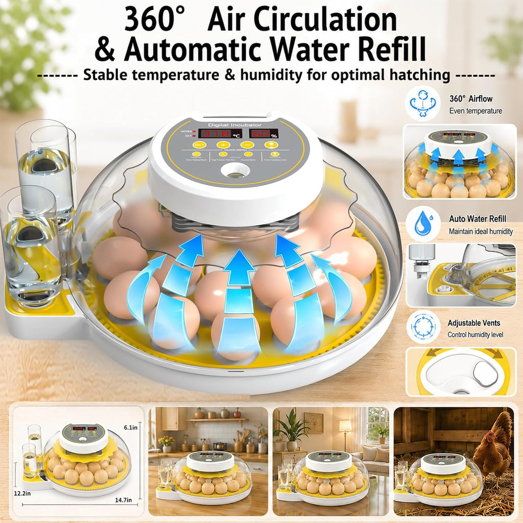 18/60 Incubator for Hatching Eggs, Egg Incubators with Humidity Display, Egg Candler, Automatic Egg Turner, Poultry