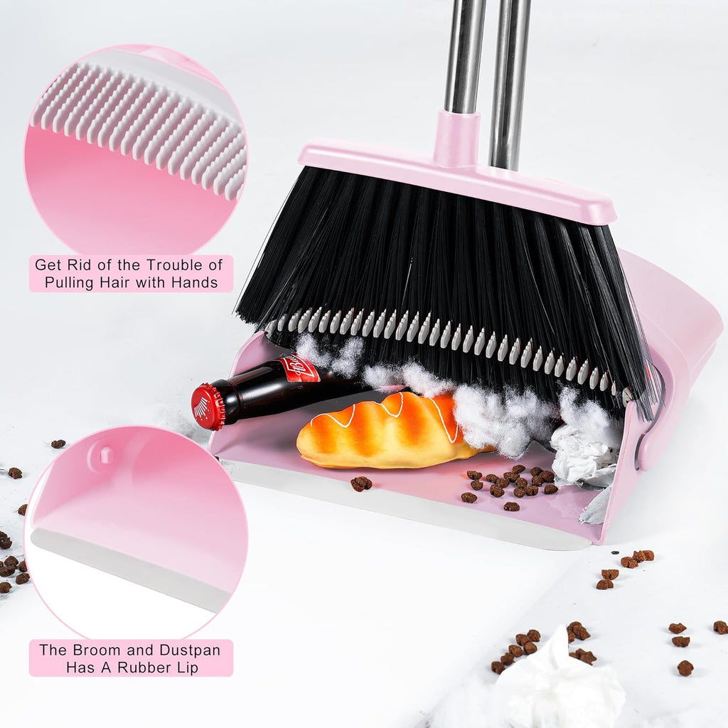 Broom and Dustpan Set for Home, 52” Long Handle Broom with Dustpan Combo Set with Dust Pan Teeth to Clean Hair