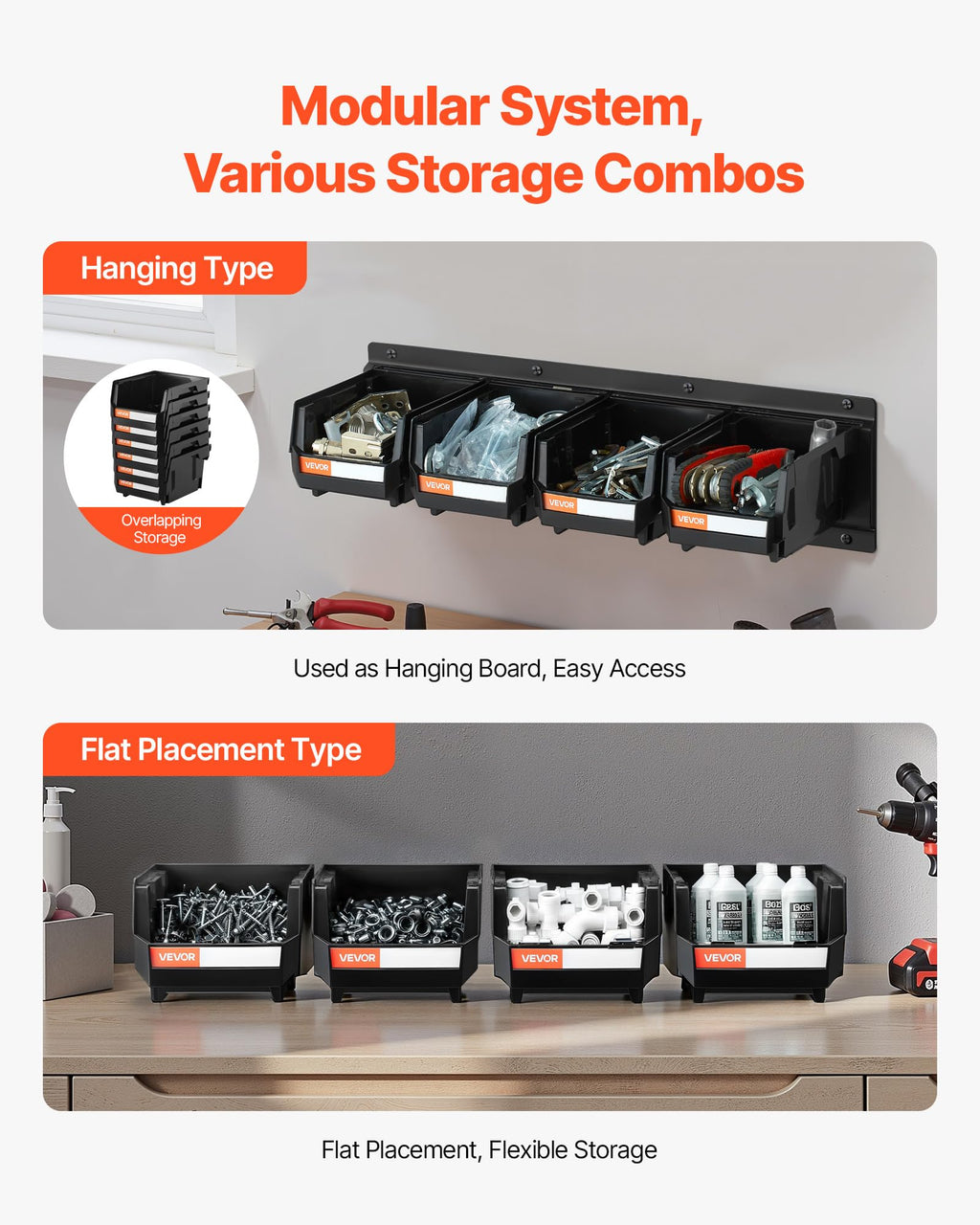 Wall Mounted Storage Bins, 12 Plastic Bins & 3 Metal Rails, Plastic Hanging Stackable Storage Bin for Screws, Nuts