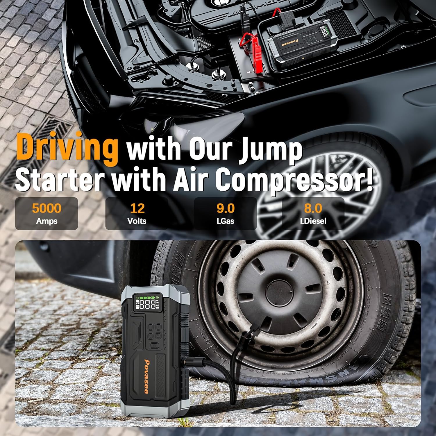[2026NEW Model] 5000A Jump Starter with Air Compressor,Car Jumper Starter Portable with 150PSI Tire Inflator 12V Jump