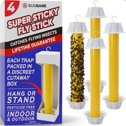 Fly Stick Sticky Fly Traps for Indoors Outdoor 4pk. Non-Toxic Super Sticky Hanging Flies Catcher Paper Tape Strips