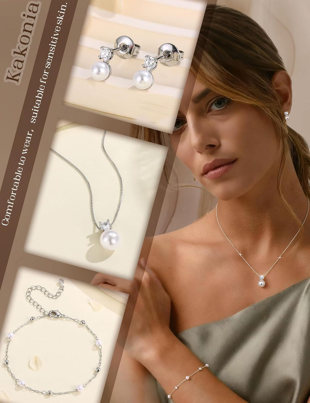 Pearl Jewelry Set for Women Wedding, Dainty 14K Gold/Silver Plated Bridal Necklace Pearl Drop Earrings Bracelet Set