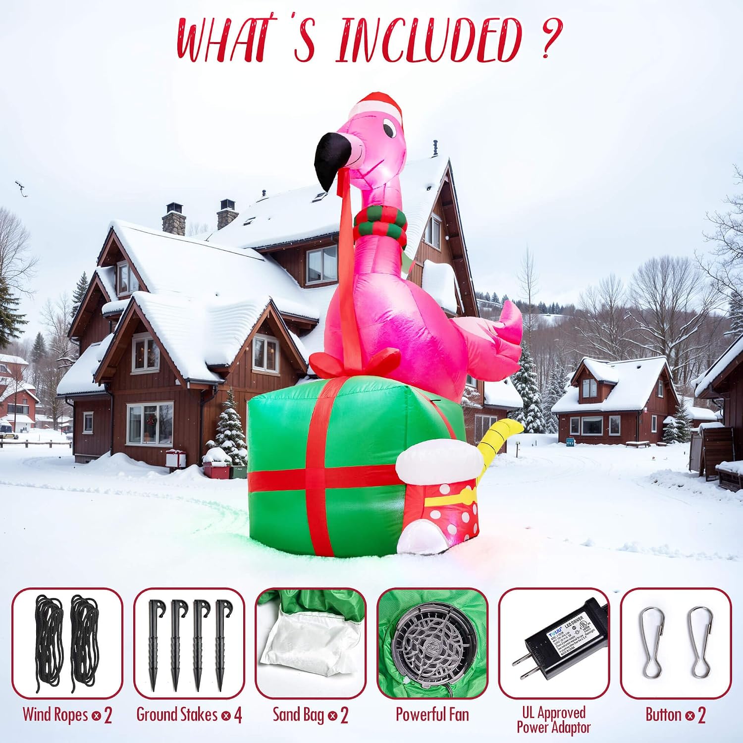 Christmas Inflatables Outdoor Decorations - 6FT Christmas Blow Up Flamingo LED Lights with Gift Box & Christmas