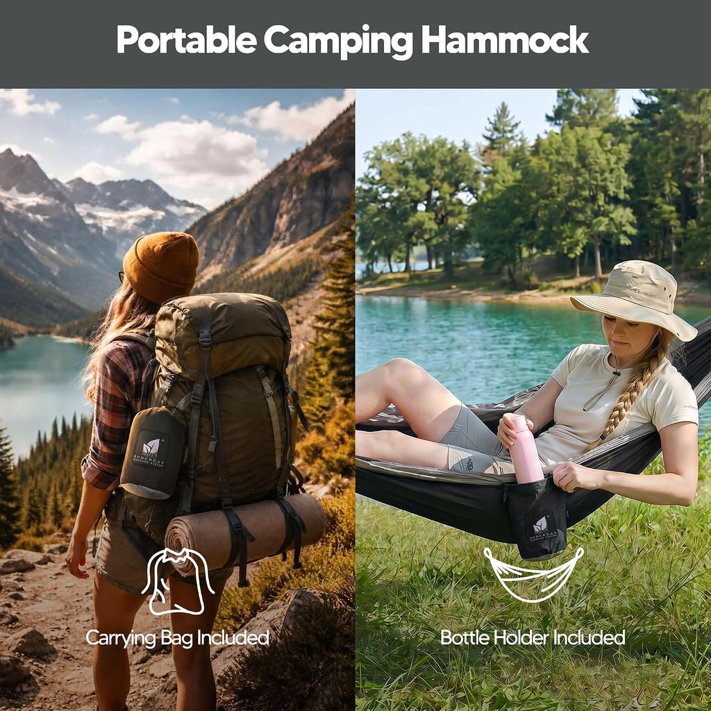 Camping Hammock – up to 450lbs Portable Hammock with Tree Straps - Travel, Backpacking, Hiking, Black