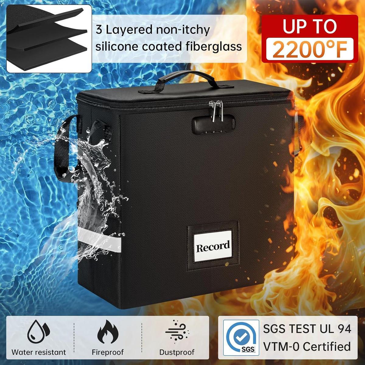 Fireproof Vinyl Record Storage Box with Lock, Holds 35-50 LPs,Black