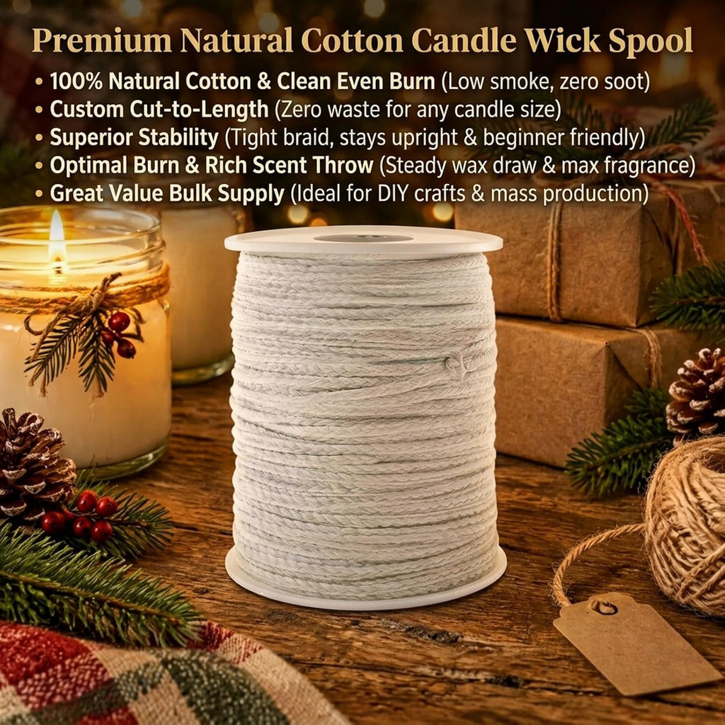 Cotton Candle Wicks Roll: 100% Natural 200 Feet Long Square Braided Candle-Making Wick String Thread Spool Smokeless