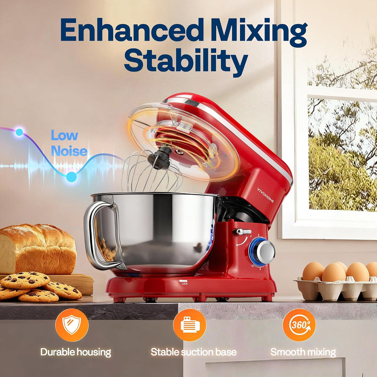 Stand Mixer, 6-Quart Tilt-Head Kitchen Mixer with Bowl, Red | 10 Speeds, Splash Guard, Dough Hook, Beater, Whisk, Egg
