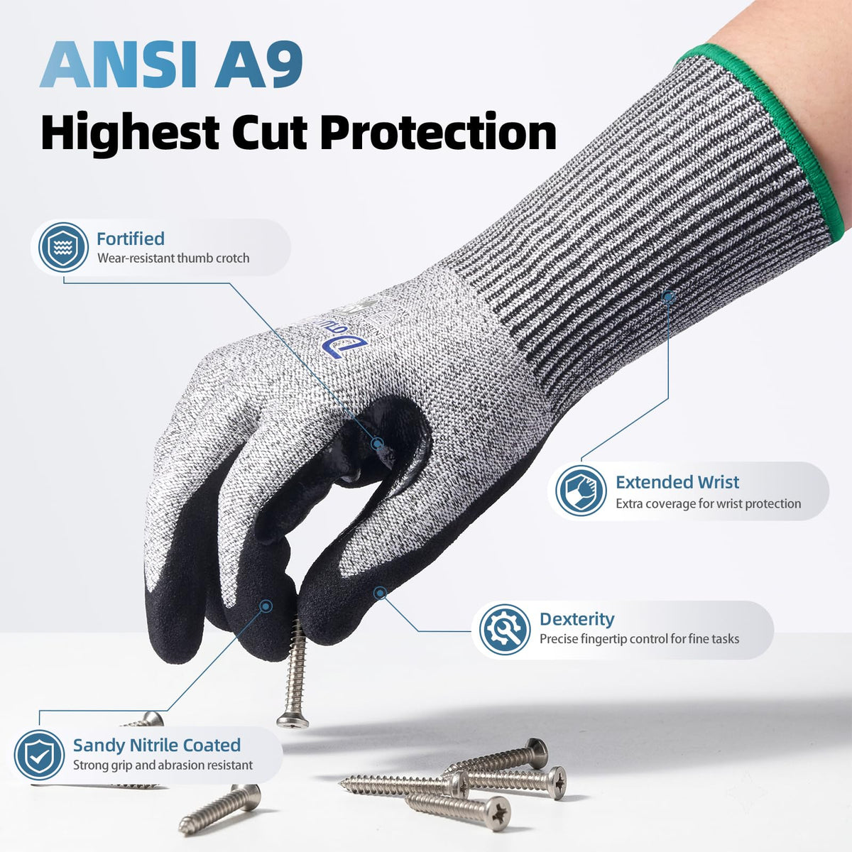Beyond-Palm A9 Cut Resistant Work Gloves - Extended Wrist Protection, Sandy Nitrile Grip, Breathable, Touchscreen