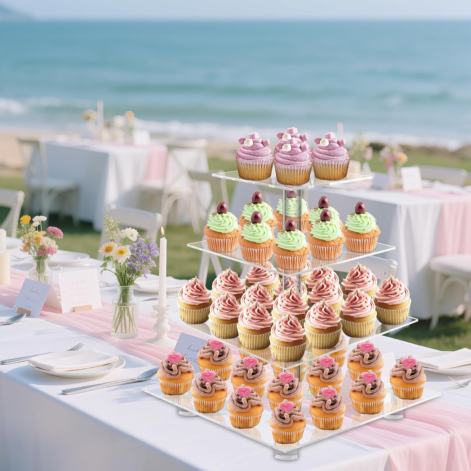 4 Tier Acrylic Cupcake Stand with Base, Premium Cupcake Holder, Acrylic Cupcake Tower Display Cady Bar Party Décor –