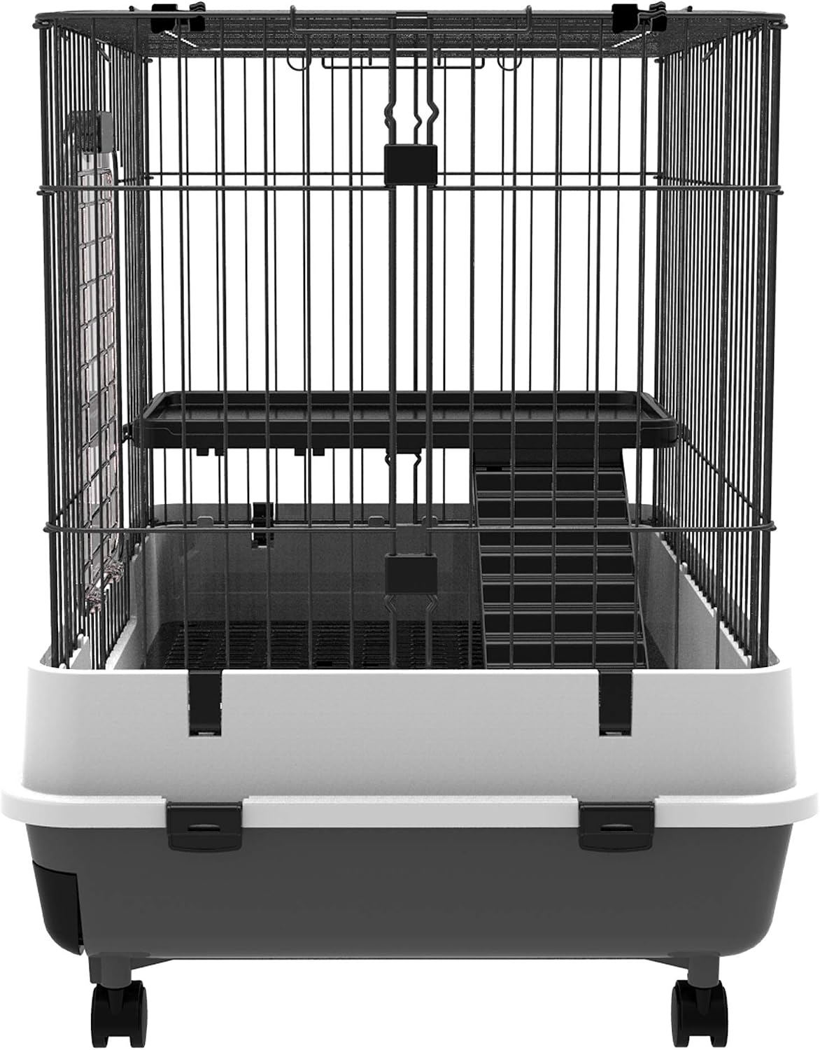 2-Level Small Animal Cage Rabbit Hutch with Wheels for Bunny Black | Removable Tray, Platform and Ramp