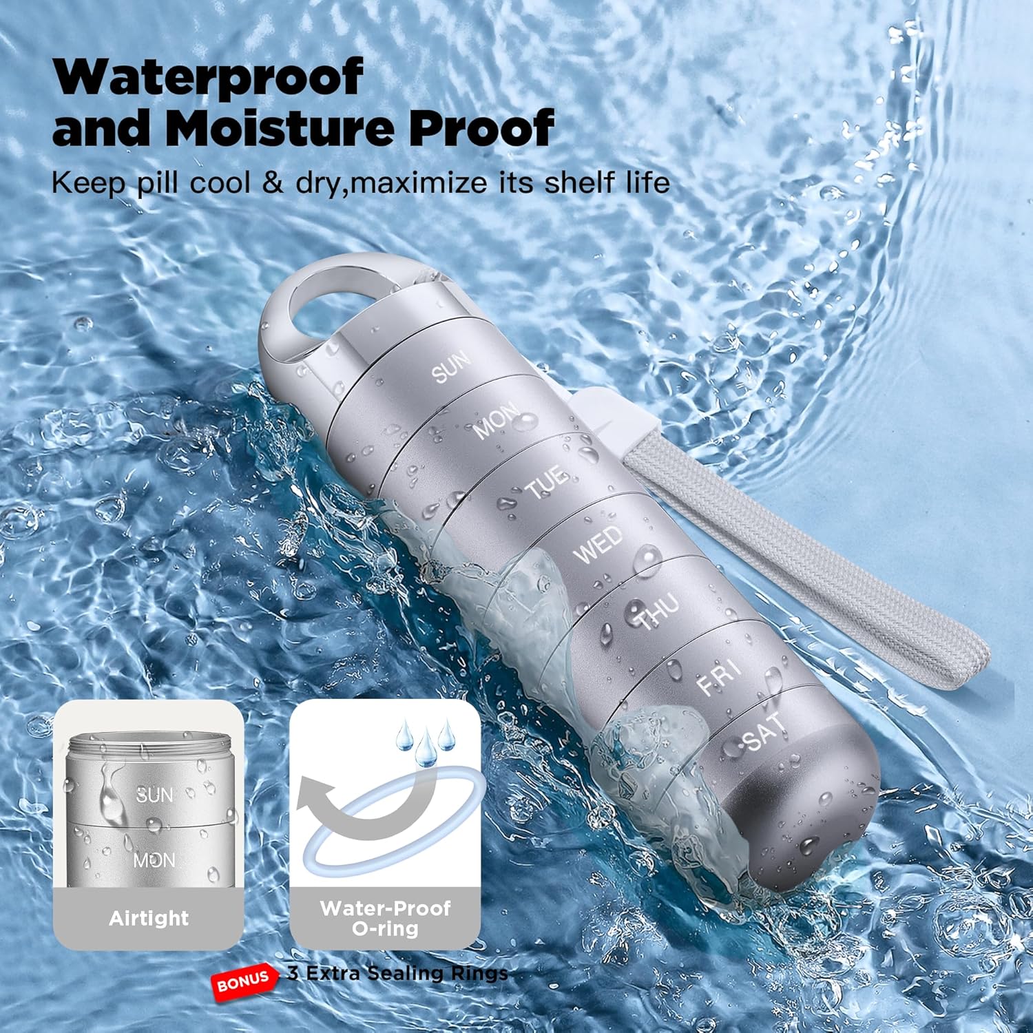 Metal Travel Pill Organizer, Portable Waterproof Weekly Pill Box, Large Aluminum Alloy Pill Case Container, BPA Free