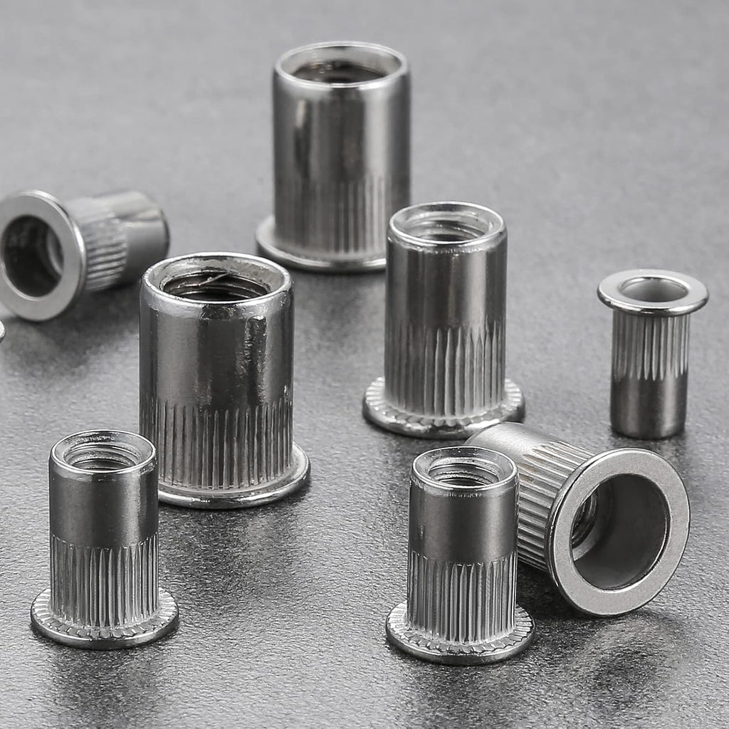 Rivet Nut 1/4"-20UNC 100Pcs Stainless Steel 304 Finish Flat Head Rivnut Threaded Insert Nut Knurled Body