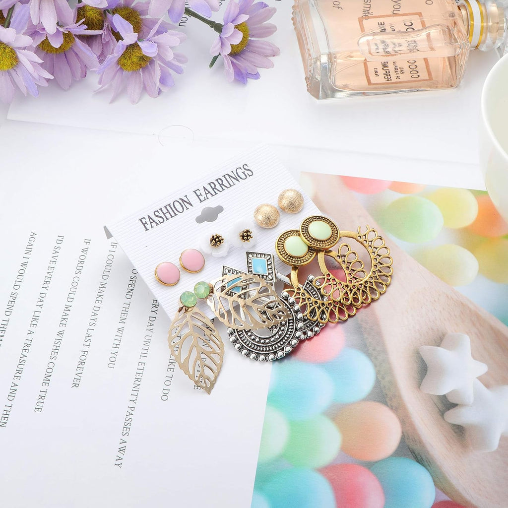 61-63 Pairs Assorted Multiple Stud Earrings for Women Simple Cute Flower Big Hoop Earrings Moon Geometric Leaf Arrow