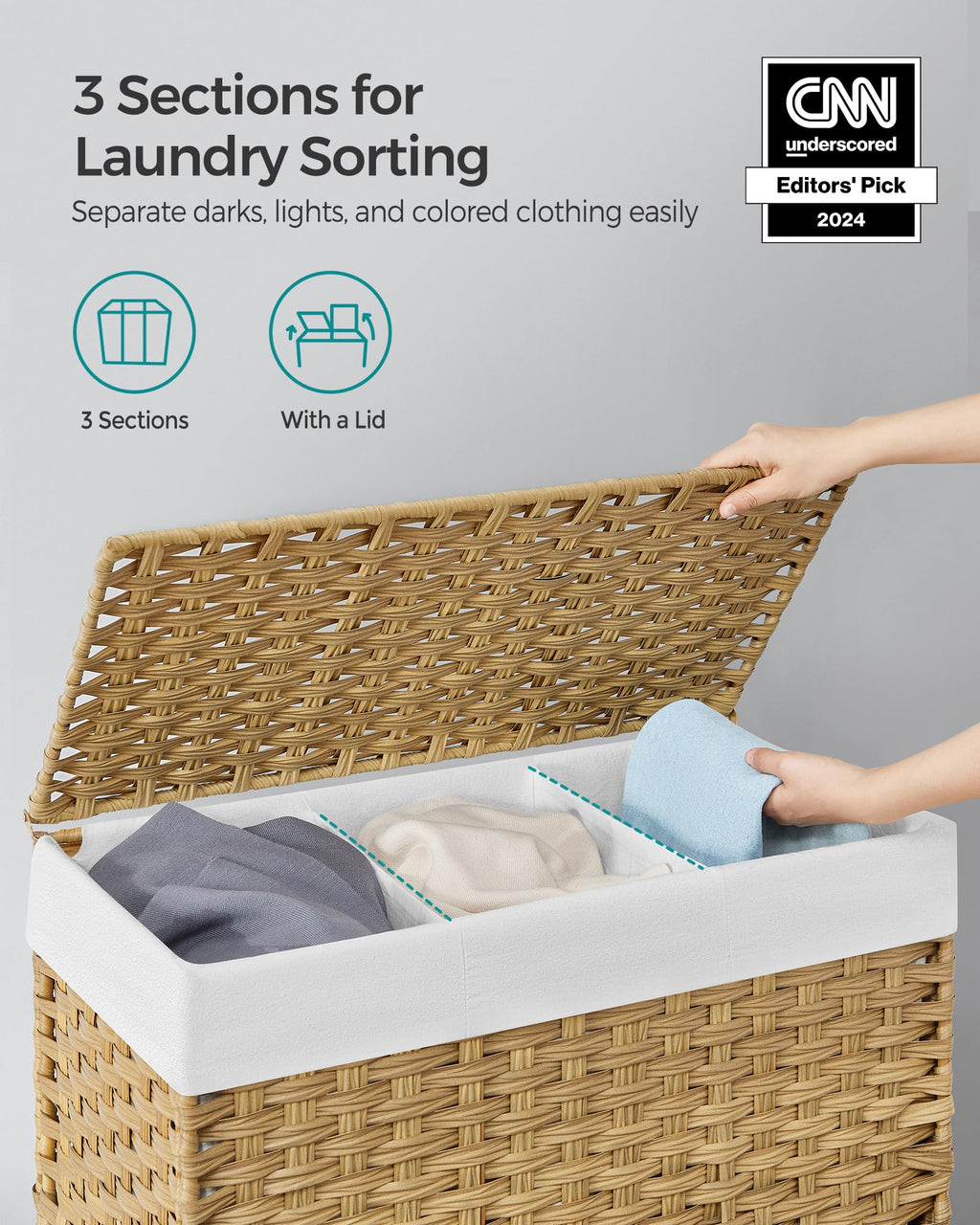 Rolling Laundry Hamper with Lid, 140 L Synthetic Rattan