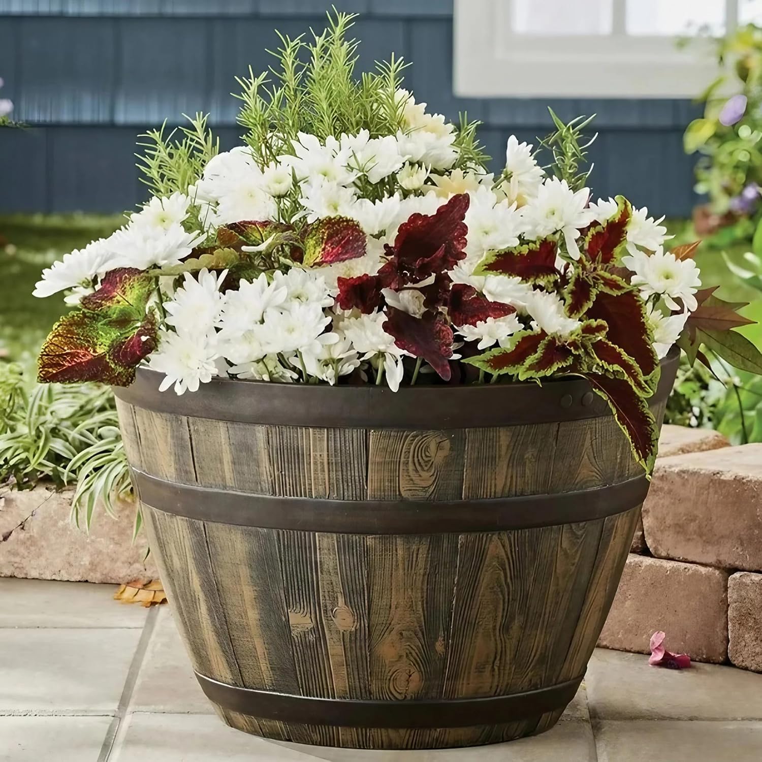 20 Inch Whiskey Barrel Planter, 100% Recycled Resin Large Round Flower Pot with Wood Grain Detail, Indoor Outdoor