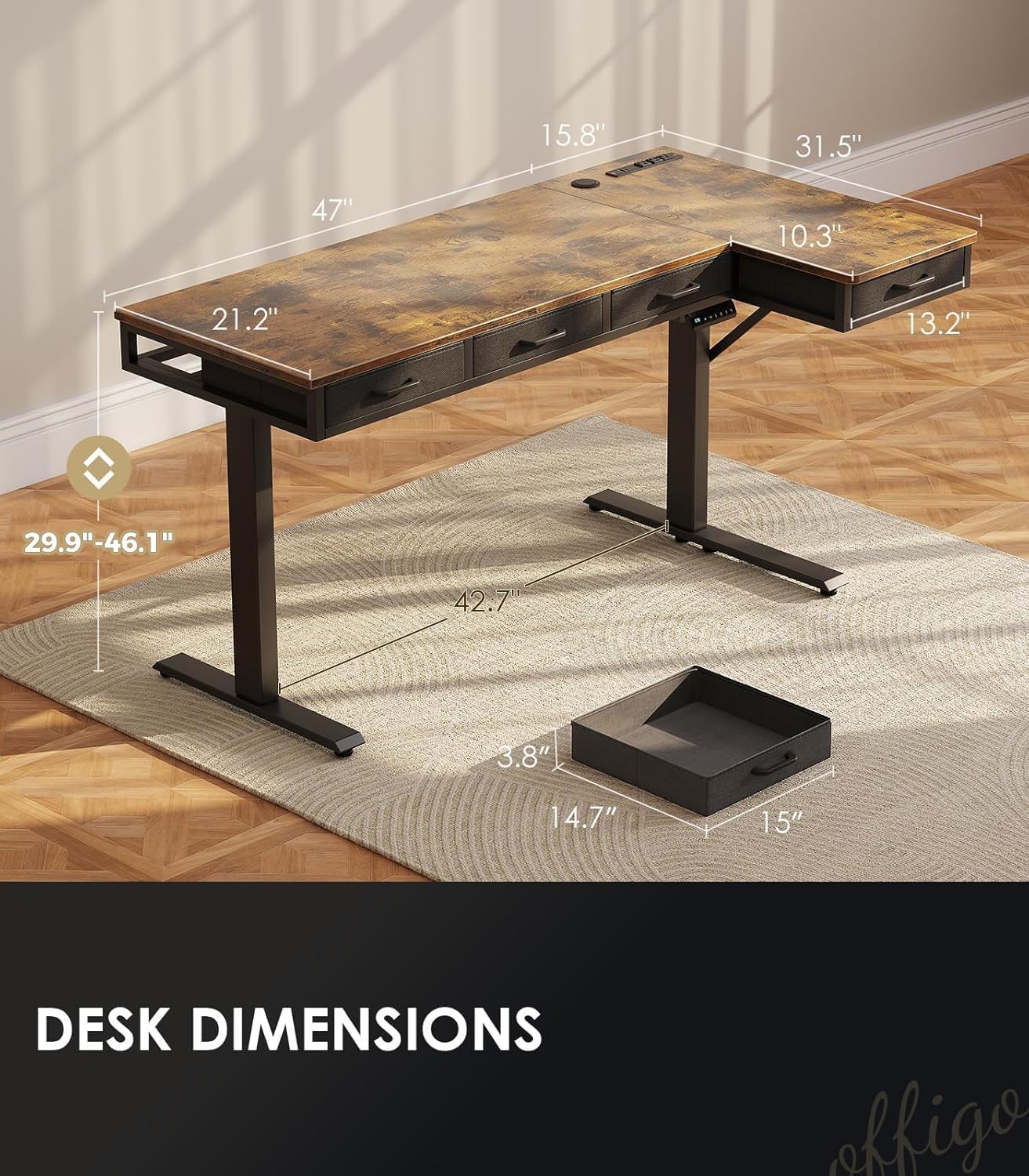63 Inch L Shaped Electric Standing Desk with Drawers, Height Adjustable Large Desk with Power Outlets, Sit Stand