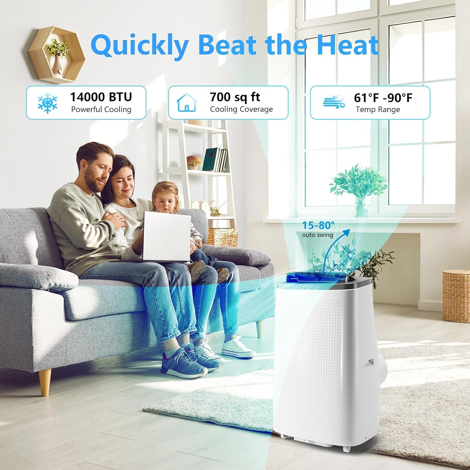 14K BTU Portable Air Conditioner, Fast Cooling for room to 750 Sq.Ft | 3-in-1 AC Unit w/ Dehumidifier, Fan & Cooling