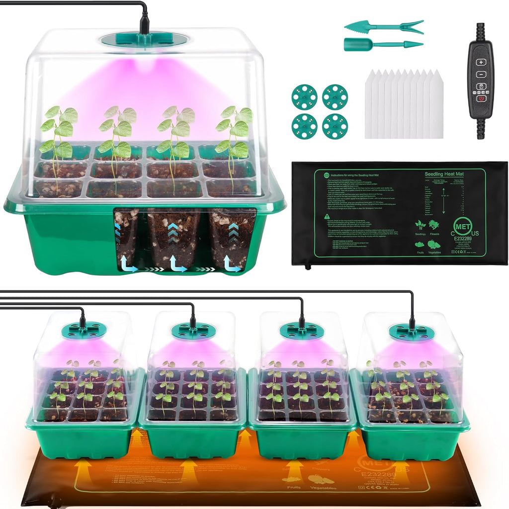 4-Pack Seed Starter Tray with Grow Light and Heat Mat, 48 Cells Seed Starter Kit with Adjustable Humidity Dome and