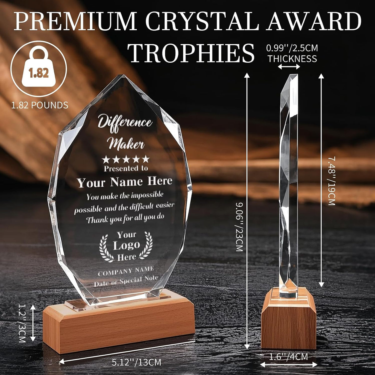 Custom Crystal Trophy Award with Wood Base, Personalized Engraved Text and Logo on Glass Plaque, Appreciation Gift