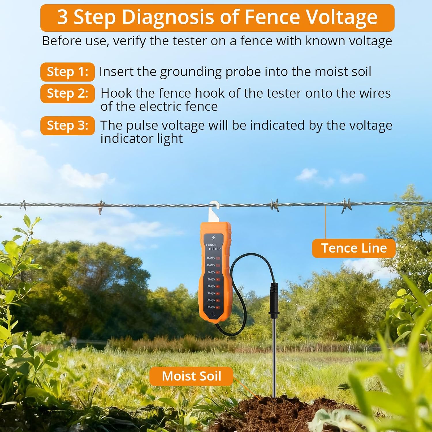 2000-12000V Electric Fence Voltage Tester with 8 Neon Lights