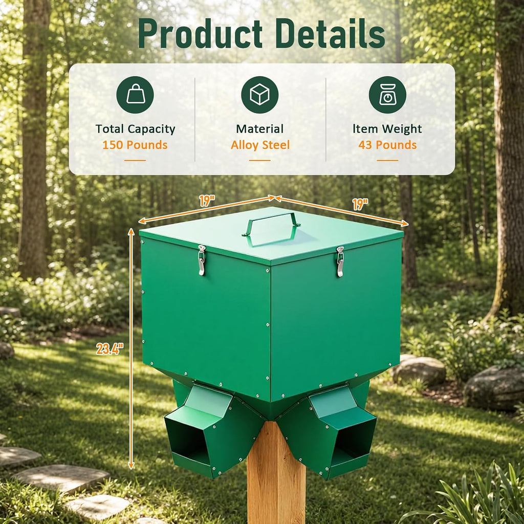 Gravity Deer Feeder, 150 lb Large Metal Hunting Feeder with 4 Ports