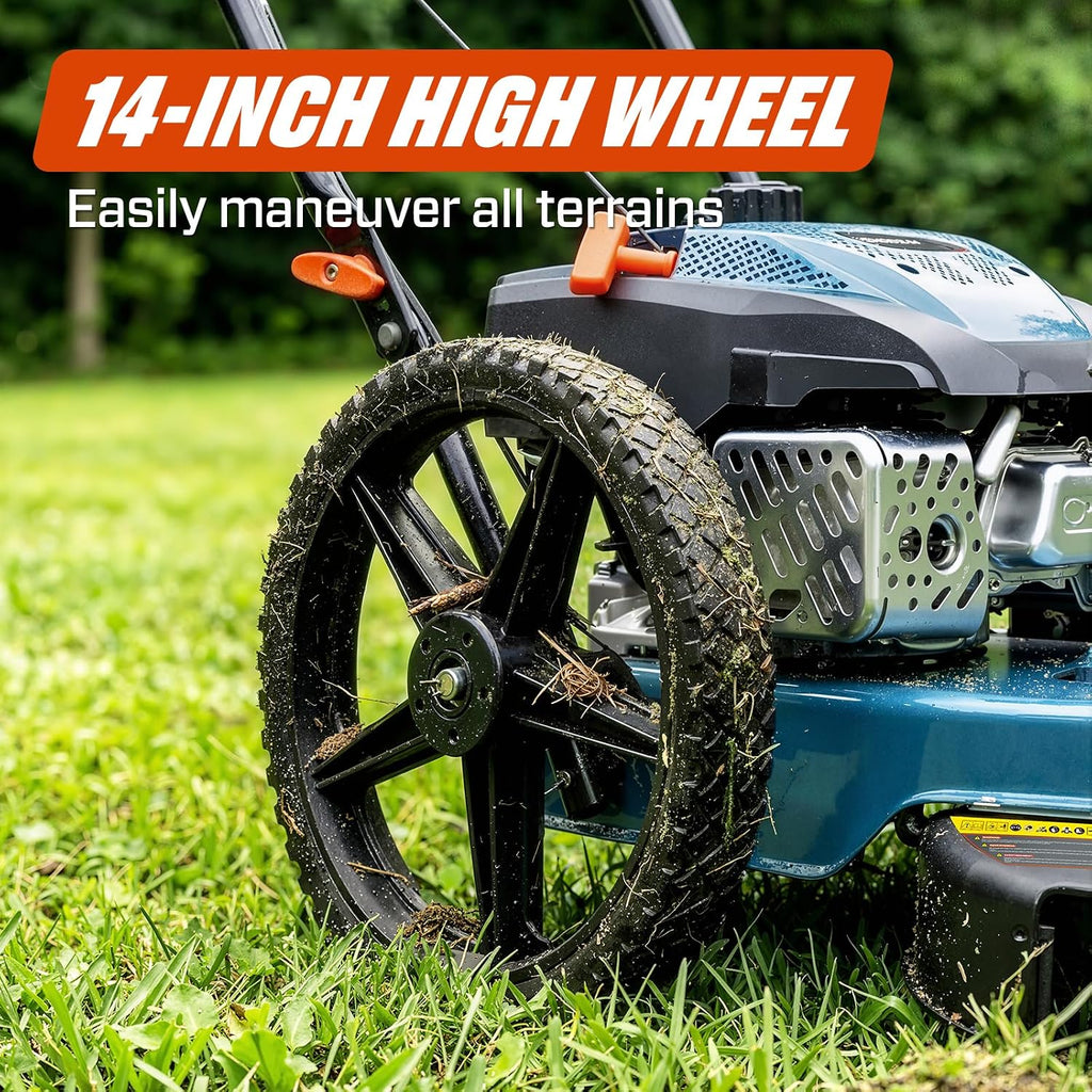 22 Inch Walk Behind String Trimmer, 160cc 4-Cycle Engine Gas Brush Hog Mower with 14" Rubber High Wheels & 5-Height