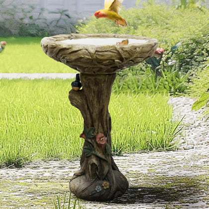 25.5 Inch Heigh Wood-Look Concrete Bird Bath with Decorative Faux Bird – birdbath Rustic & Long-Lasting Design