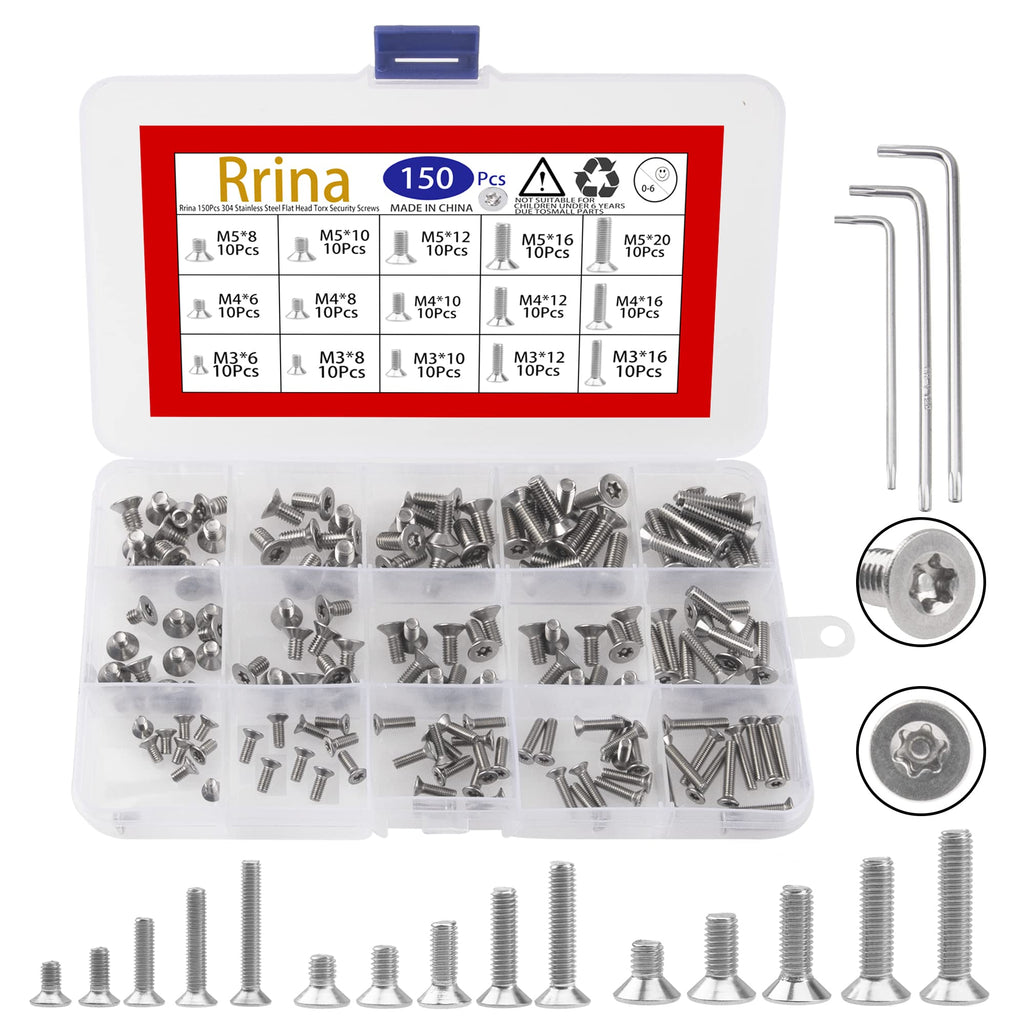 150Pcs 304 Stainless Steel Flat Head Torx Security Machine Screws Tamper Resistant Screw Assortment Set, M3 M4 M5
