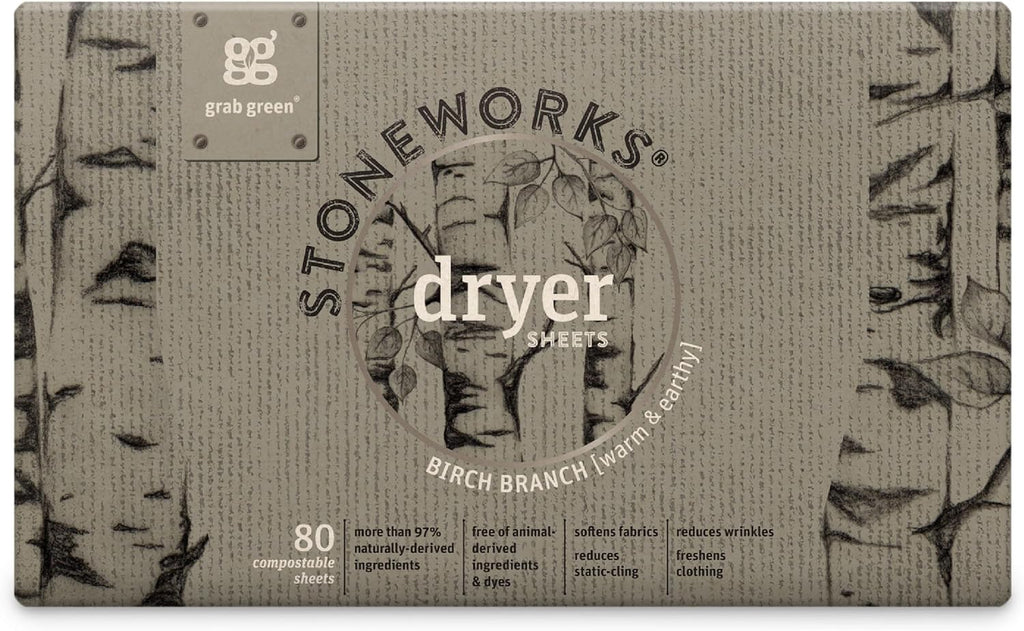 Stoneworks Dryer Sheets, Birch Branch, 80 Count, Compostable