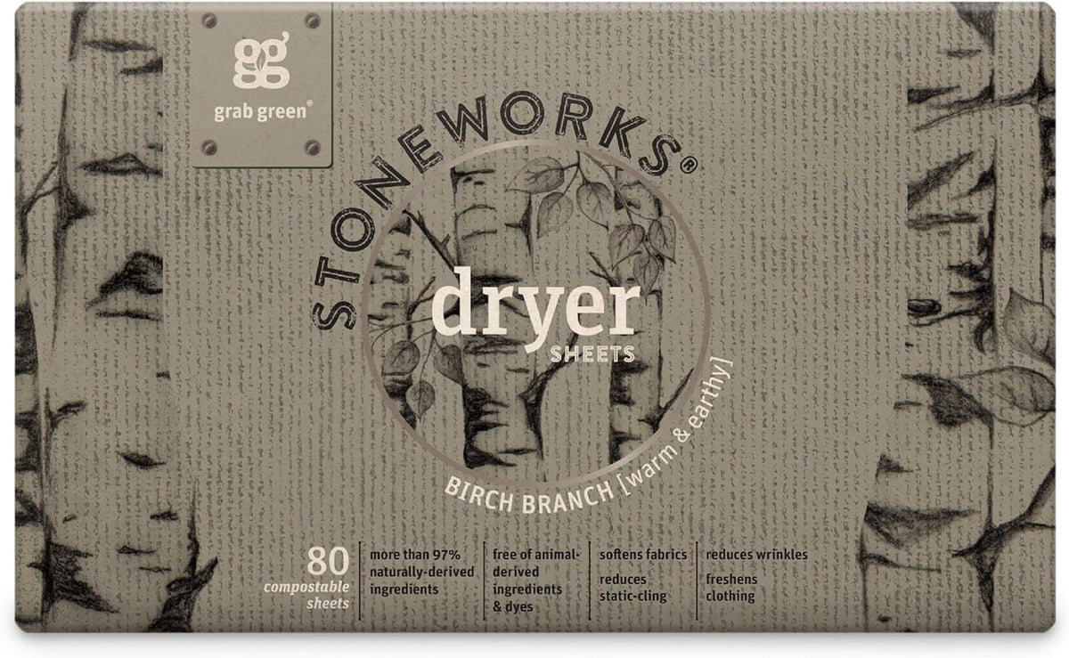 Stoneworks Dryer Sheets, Birch Branch, 80 Count, Compostable