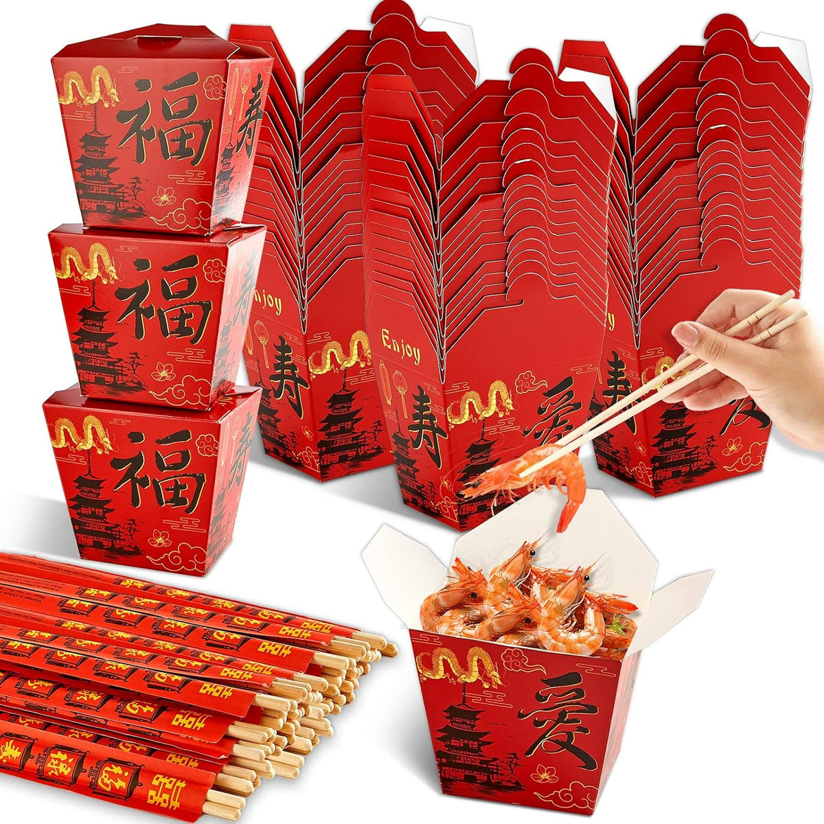 50 Sets Red Chinese Take Out Food Boxes with Chopsticks
