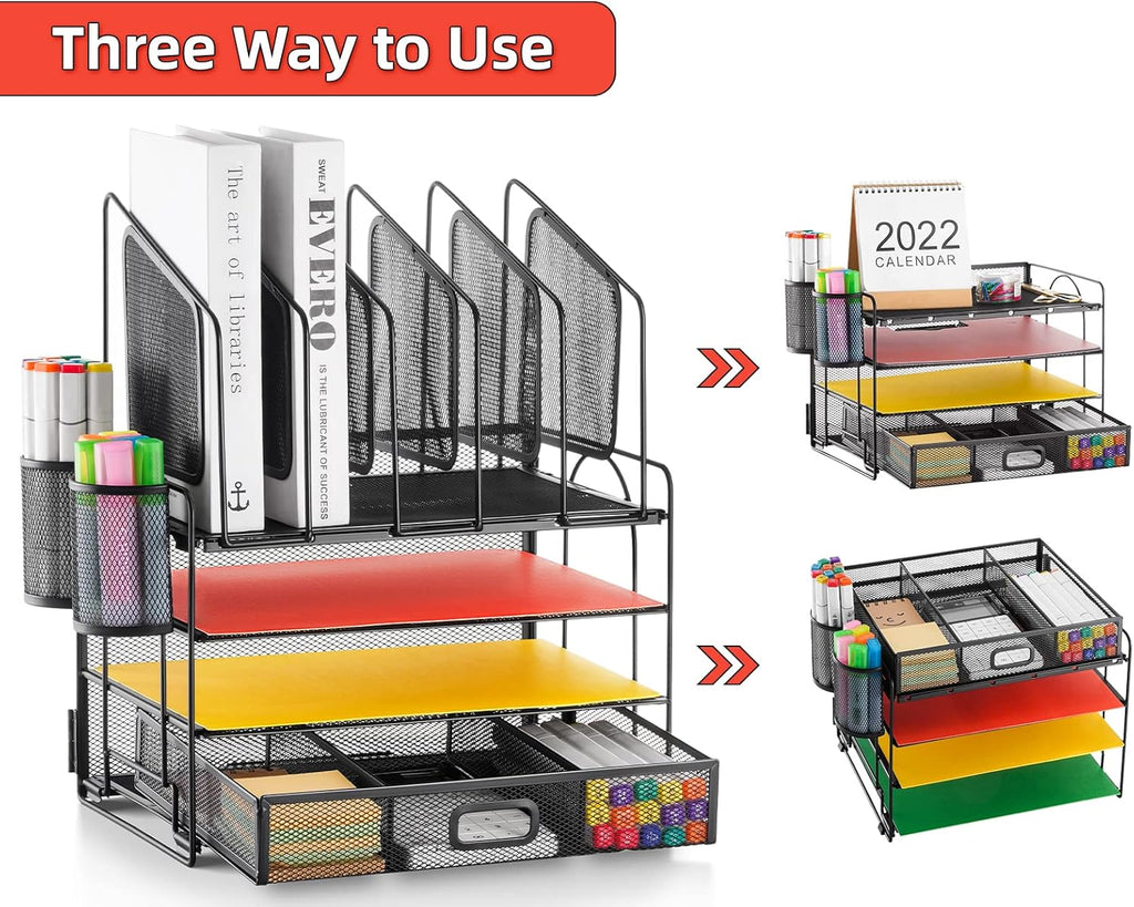 Desk organizer with Drawer, 4-Tier Mesh File Organizer with 5 Vertical File Holders and 2 Pen Holders, Multifunction