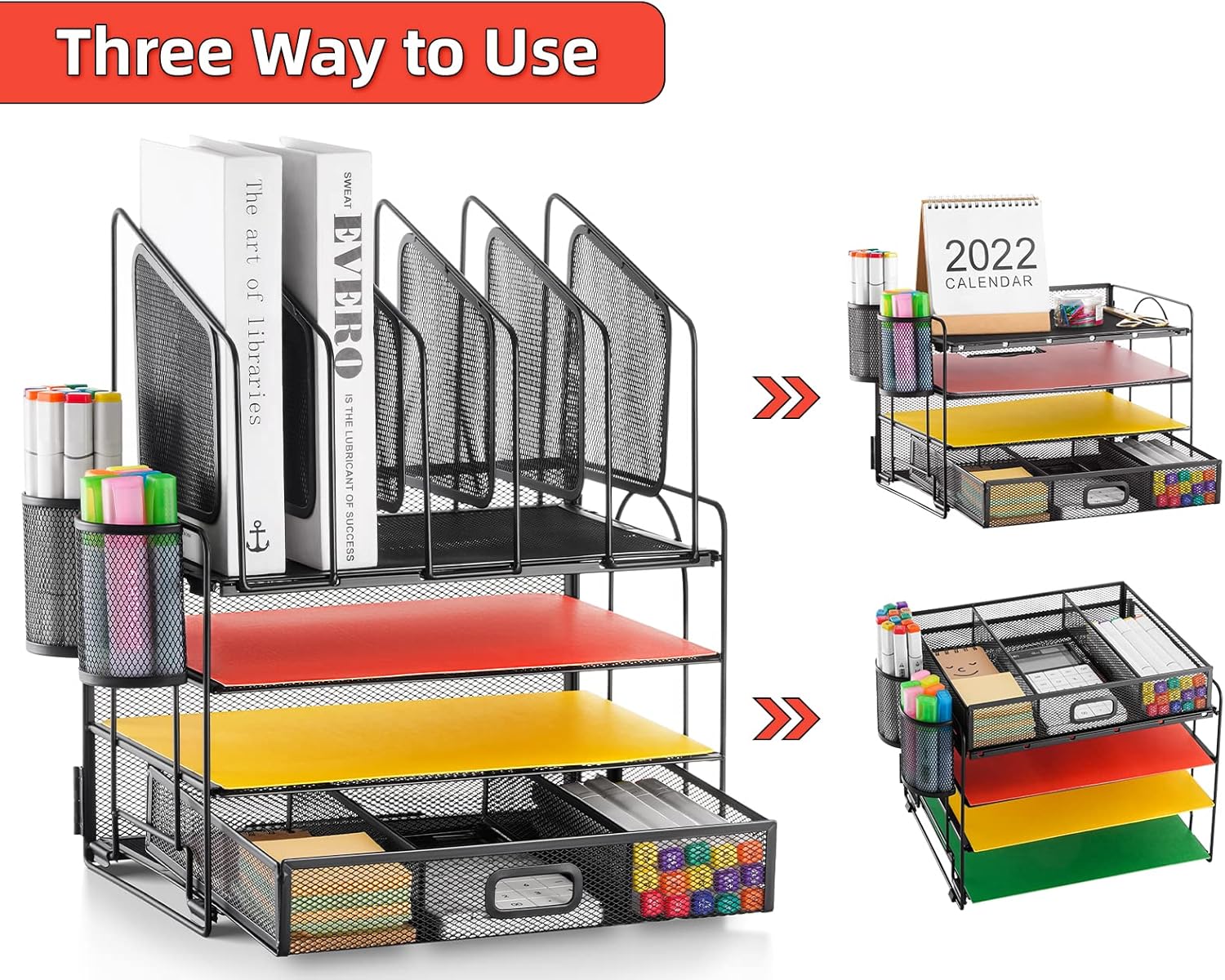Desk organizer with Drawer, 4-Tier Mesh File Organizer with 5 Vertical File Holders and 2 Pen Holders, Multifunction