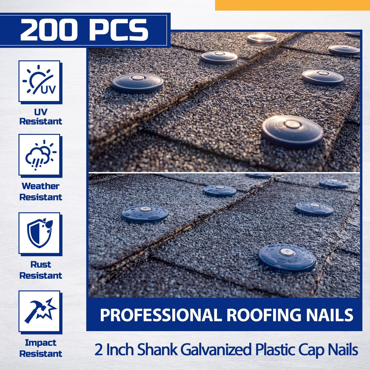 200 Pack 2 Inch Plastic Cap Nails, Round Roofing Nails, Blue