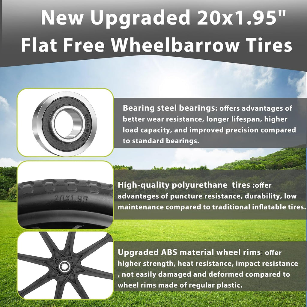 Upgraded 20" Flat Free Wheels Compatible with rubbermaid Wheelbarrow Tires, 20" Flat Free Tires with 5/8" and 3/4"