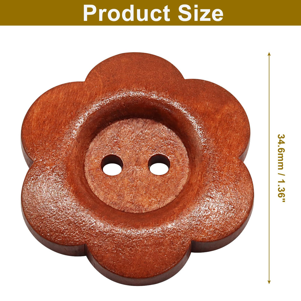 Flower Shape Wooden Buttons, Red Coffee, 20Pcs