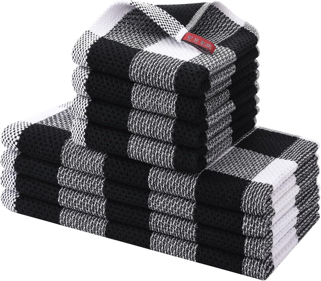 Kitchen Towels and Dishcloths Set, Set of 8, White & Black | Bulk Cotton Waffle Weave Check Plaid Kitchen Towels