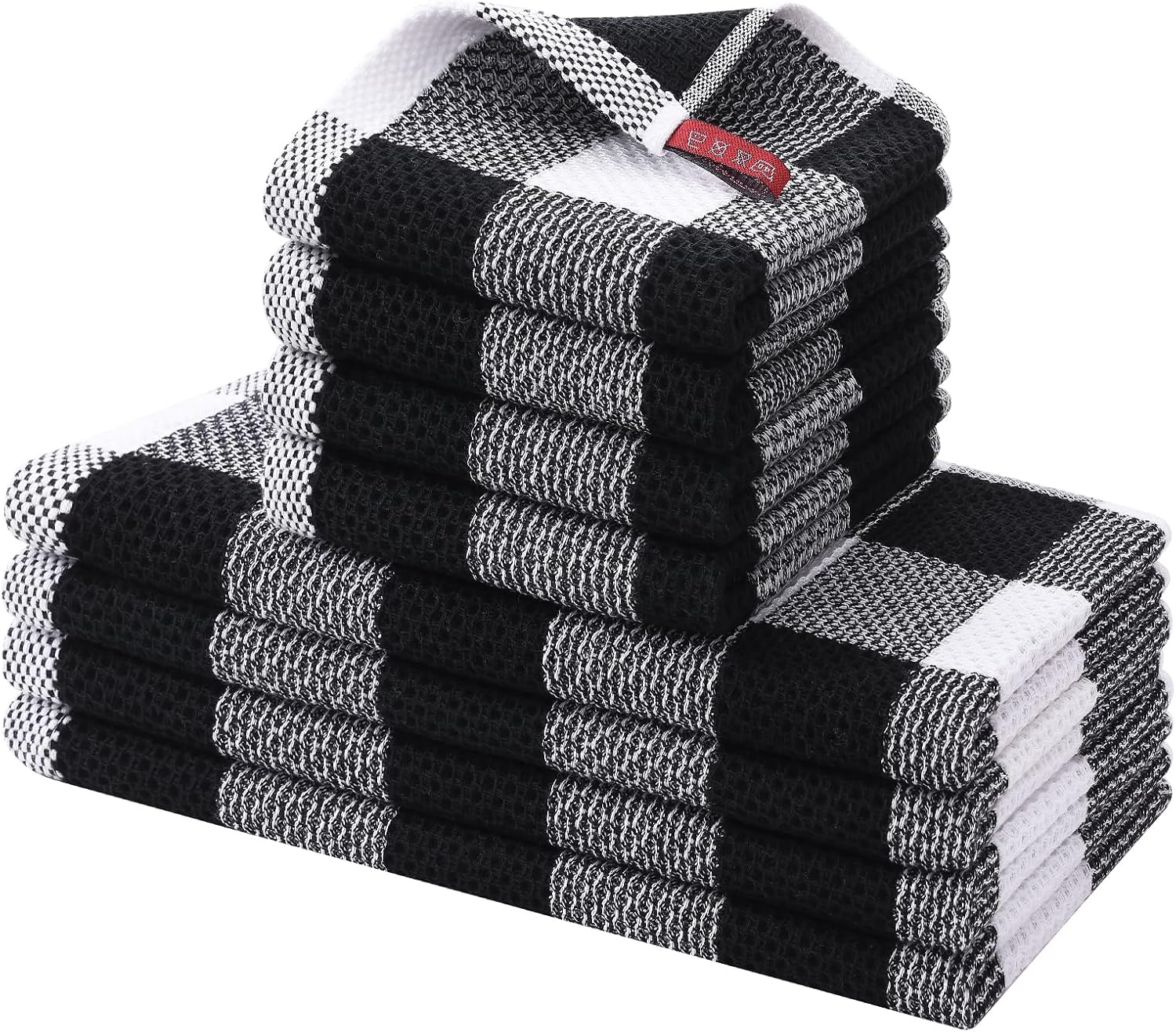 Kitchen Towels and Dishcloths Set, Set of 8, White & Black | Bulk Cotton Waffle Weave Check Plaid Kitchen Towels