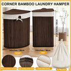Corner Bamboo Laundry Hamper with Lid, Brown, Vertical Slatted