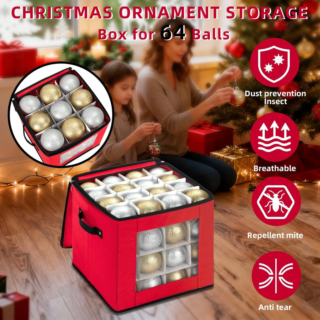 Christmas Ornament Storage Box With Adjustable Dividers,Ornament Storage Container with Two Handles for 64Holiday
