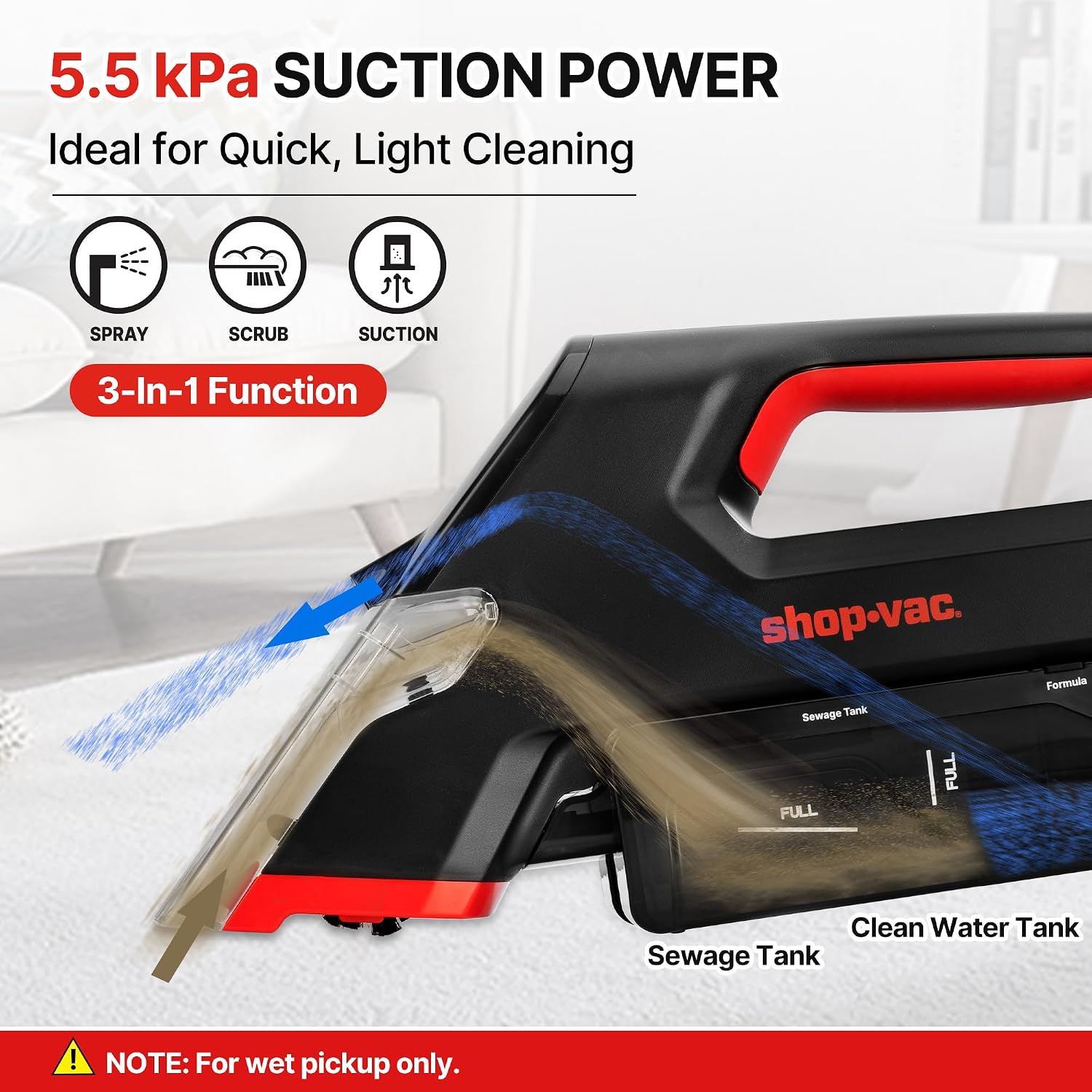 3-in-1 Cordless Spot Cleaner, Handheld Upholstery Cleaner with Spray, Rolling Brush and 5.5kPa Suction, 2 Water